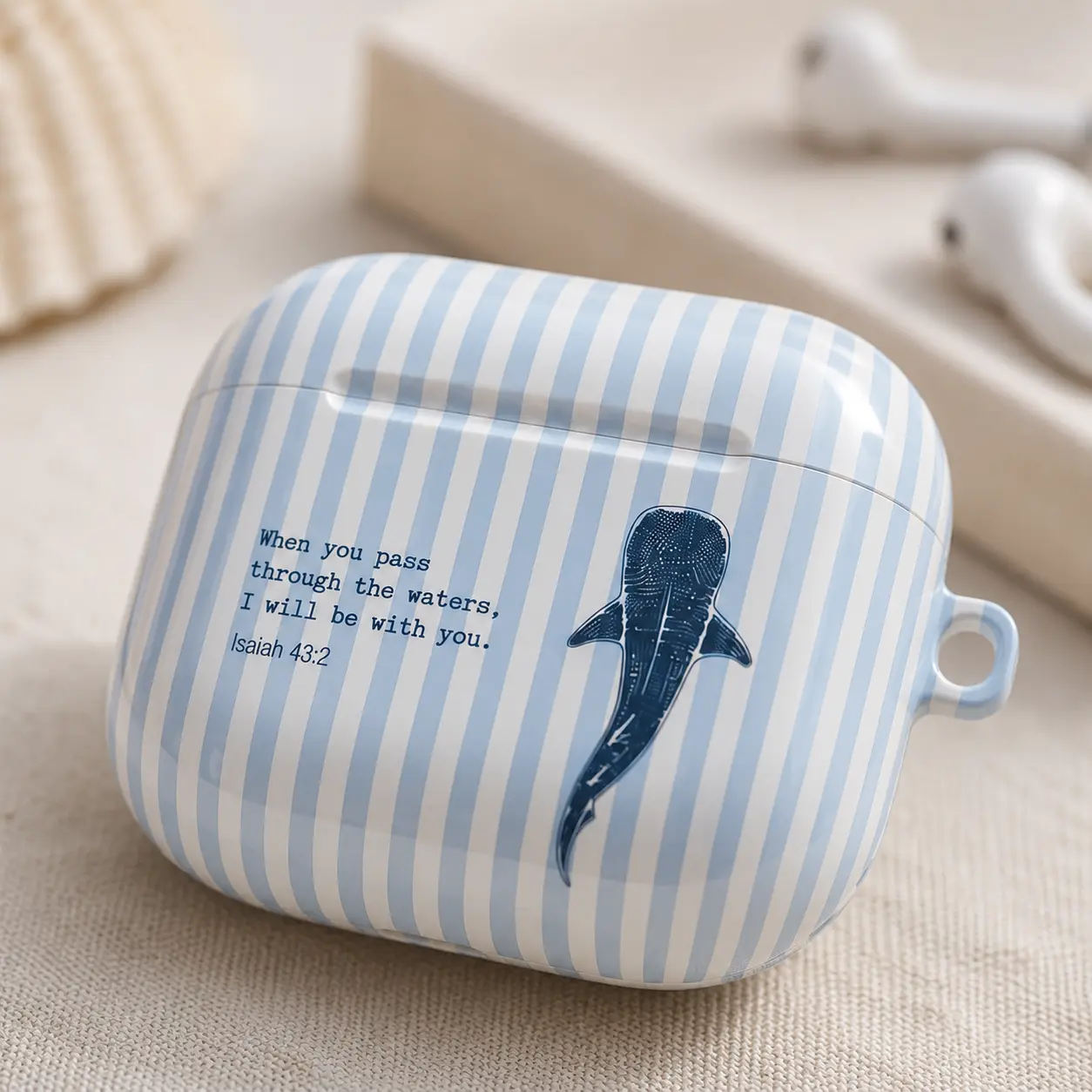 Blue Stripe Whale Shark AirPods Case, Christian AirPods Cover, Isaiah 43:2 AirPods Case, Cute Coastal AirPods Pro Case Gift