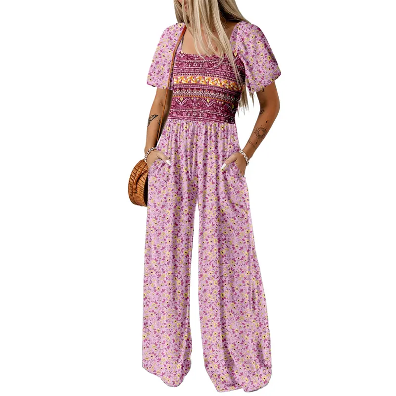 Dokotoo Square Neckline Stretch Waistband Printed Jumpsuit - Womenswear Casual Chic Comfortable Summer Boho