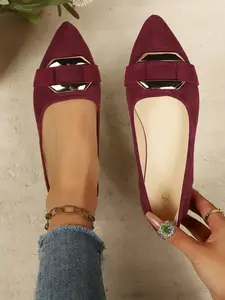 New Velvet Pointed Toe Single Shoe for Women, Metal Buckle Soft Sole Flat Shoes, Casual Office Wear, Slip-On Lazy Girl Shoes