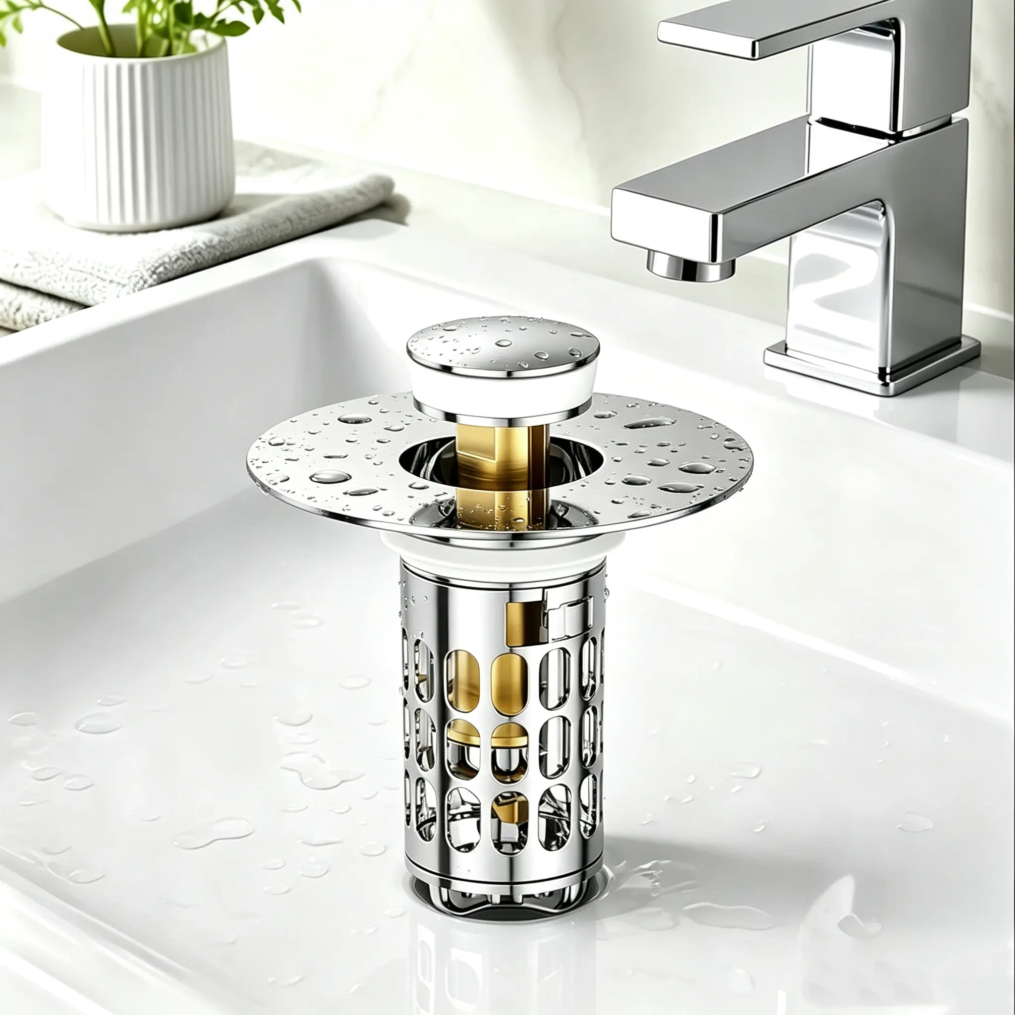 Bathroom sink plug, pop-up anti-clogging removable stainless steel filter basket drain plug, stop odor, suitable for all sinks