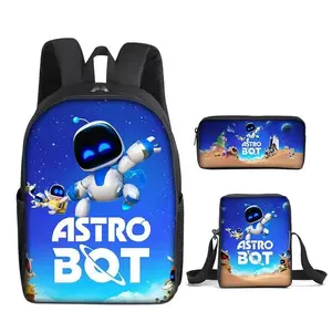 Astro Bot Space Robot Print Backpack 3 Piece Set Backpack Lunch Bag Pencil Case Y2K Retro Nylon Spine Pressure Relief Bookbag For Kids Ages 8-12 Boys Girls Elementary School Backpack Travel Camping Daypack