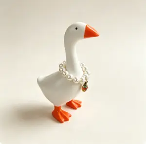 Magnetic Goose Key Holder with Pearl Necklace, Cute Animal Figurine Key Organizer, Aesthetic Entryway/Desk Decor, Unique Housewarming Gift for Home/Office