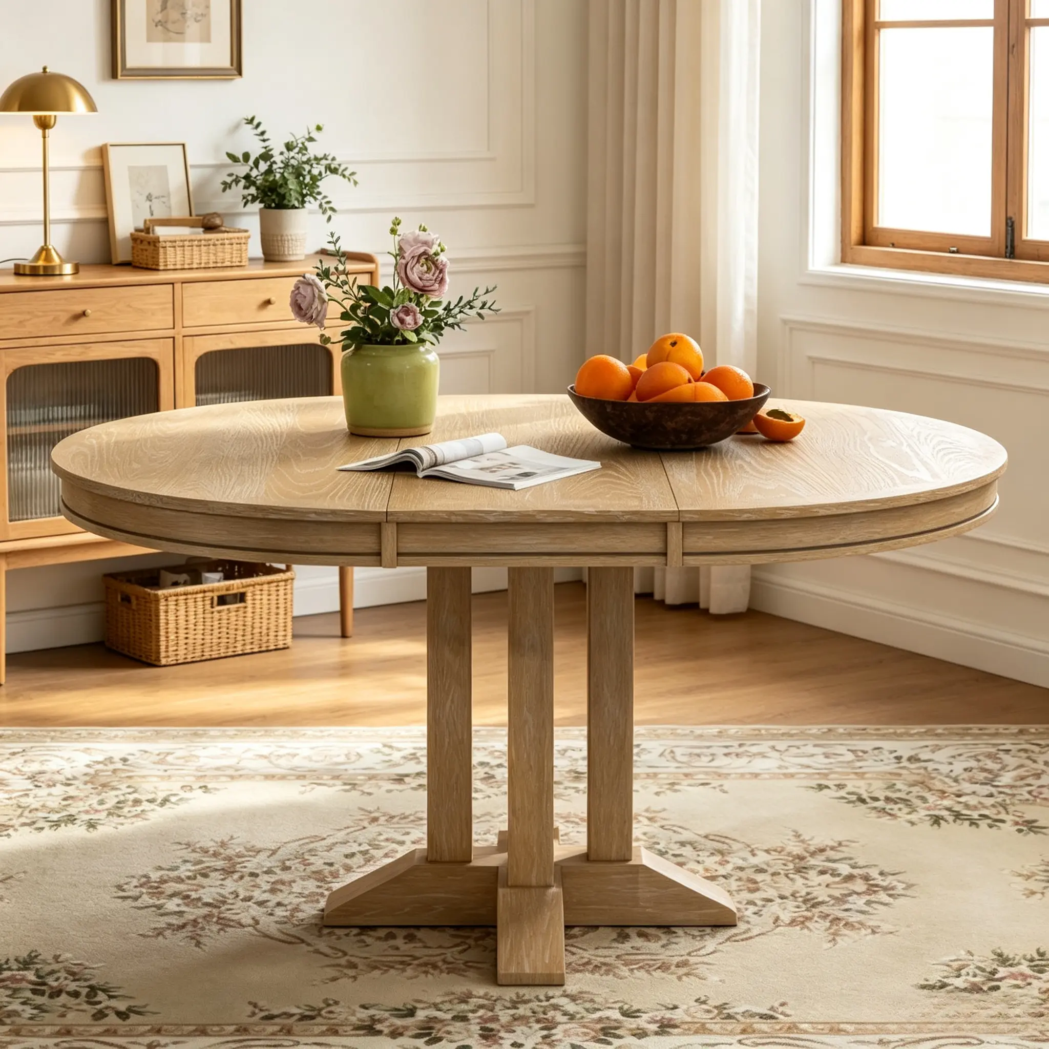 Farmhouse Extendable Round Dining Table, Rustic Wooden Expandable Kitchen Table with X-Shape Pedestal, Seats up to 6 for Dining Room Home