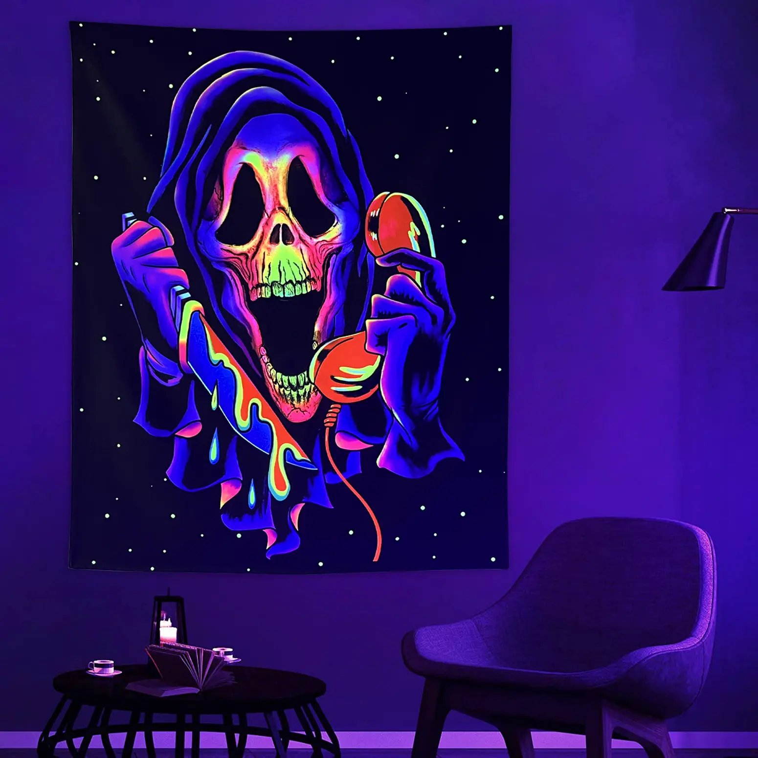 Blacklight Horror Skull Tapestry, UV Reactive Cool Ghost Wall Hanging Tapestries, Glow in The Dark Party Backdrop Tapestry for Bedroom, Living Room,evangelion,family
