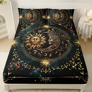 3pcs Golden Sun Moon Planet Fitted Sheet Set, 1 Fitted Sheet + 2 Pillowcases (No Pillow Inserts), High-Definition Print for Home & Dorm, Cozy Sleep Set, Dorm Essentials, Aesthetic Bedroom, Celestial Theme, Soft Fabric, Breathable Material, Bed Sheets Set