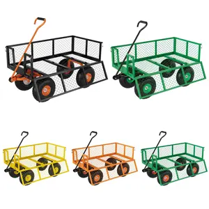 Steel Garden Cart, 500 LBS Capacity Utility Outdoor Wagon, Heavy Duty Mesh Garden Metal Wagon with Removable Sides, 3 in 1 Pullable Garden Wagon with 10 in Wheels,Flexible Handle for Yard, Lawn, Garden