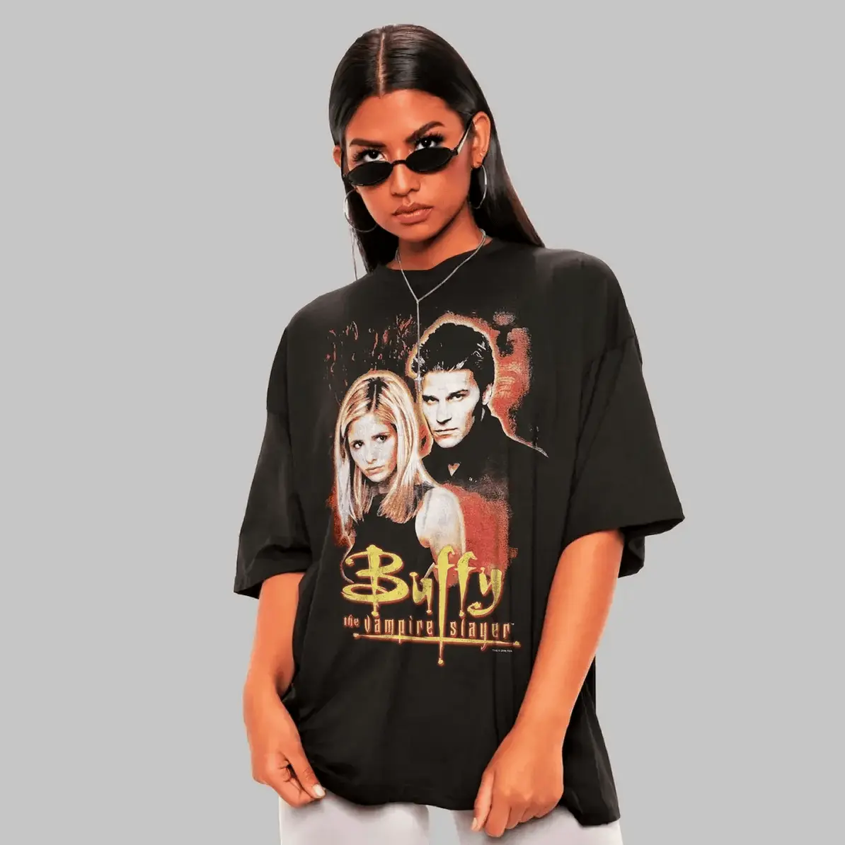 Menswear Streetwear T-Shirt with Vintage Buffy Graphic, Loose Fit 100% Cotton Shortsleeve Round Neck for All Seasons, Tee, Casual, Tshirt