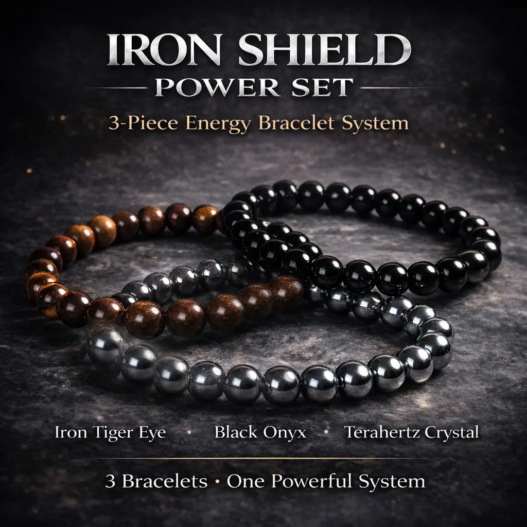 IRON SHIELD Energy 3-Bracelet Set - Iron Tiger Eye, Black Onyx & Terahertz Elastic Stretch Bracelets, Hand-Selected Healing Crystal Beads for Protection & Action, Elastic Stretch Bracelet