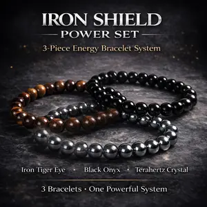 IRON SHIELD Energy Bracelet Set – Iron Tiger Eye, Black Onyx & Terahertz | 3-Bracelet Protection & Action Combo Healing Crystal Bead Hand Selected Crystals