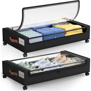 Under Bed Storage with Wheels, 2 Pack Under Bed Storage Containers with Clear Lid, XXL 60L Underbed Storage Bins, Rolling Under Bed Metal Drawers for Clothes, Blankets, Shoes, Black