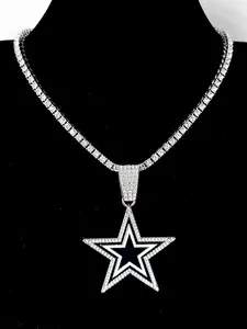 1pc single-row chain five-pointed star pendant necklace gift, Cuban Link Design, stainless steel chain + star pendant unisex jewelry accessory Enamel shiny rapper pendant necklac Cuban Link Chain