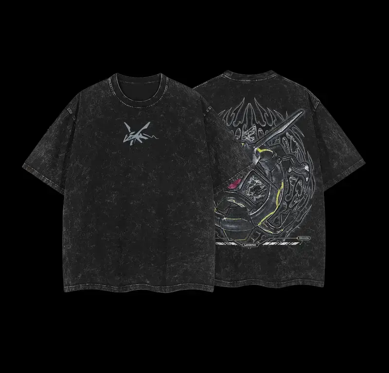 Pocket Monsters "Rayquaza" Vintage Unisex Oversize Anime Manga Acid Washed Heavyweight Cotton T-shirt for Fans retro print fun story shirt new york t-shirt all-season casual teeny t-shirt gift good graphic shirt stylish everyday wear premium t-shirt