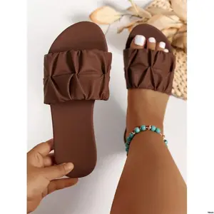SummerHolidayStylePUBrownSlideSandals sFashionSquareToePleatedFlatSandals WideFitWomen