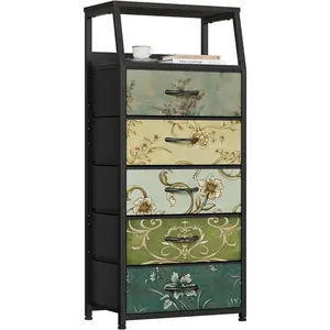 Retro 5 Drawers Dresser, Tall Dressers for Bedroom, Closet, Hallway, , Fabric Storage Tower Organizer, Vertical Nightstand Side Table Furniture, Steel Frame,  Top