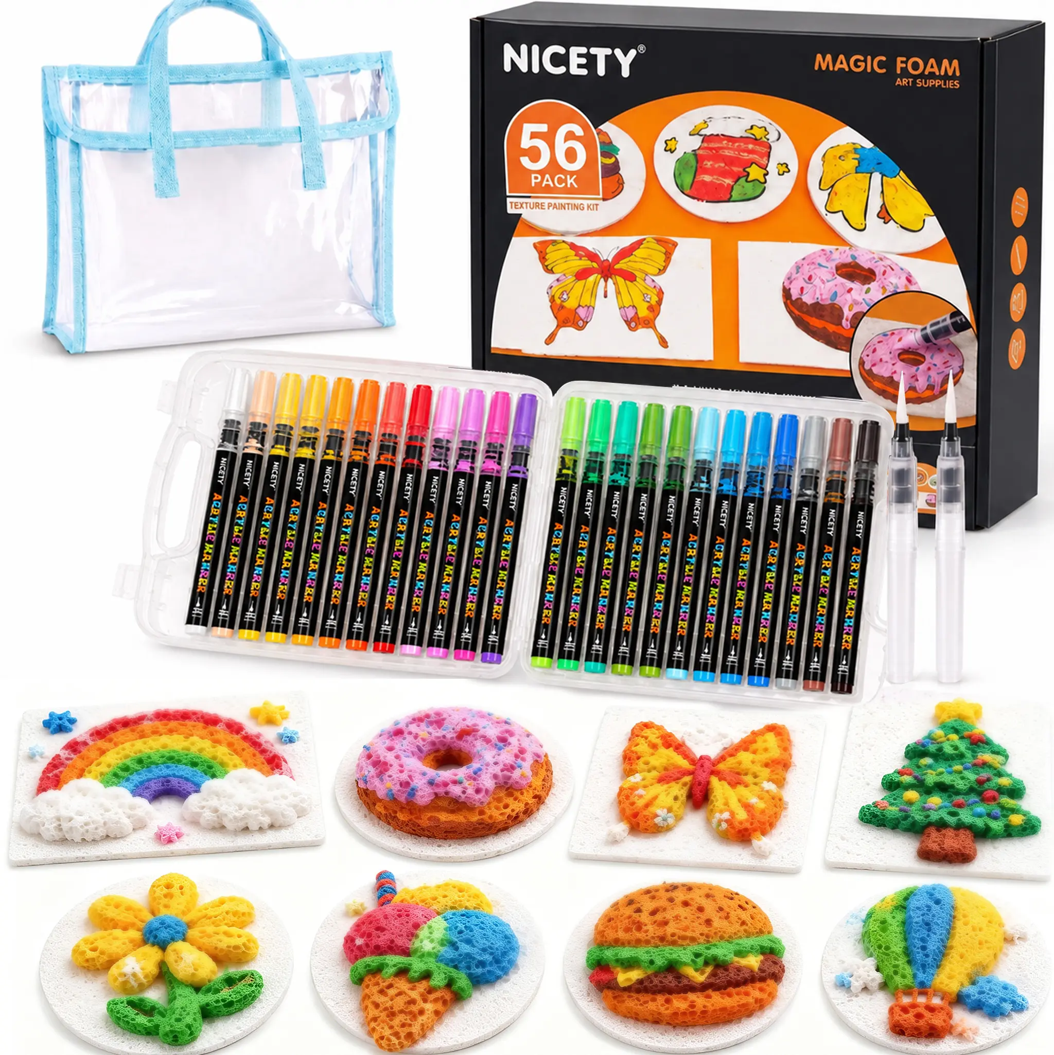 NICETY Magic Foam Texture Painting Kit, 56 Pack 3D Art Set with 24 Acrylic Paint Markers, 28 Puffy Texture Paper, 2 Water Brush Pens, Transparent Storage Box – Aqua Puffs Effect Magic Paint Set