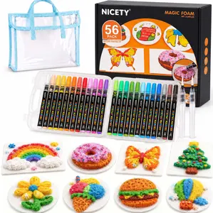 NICETY Magic Foam Texture Painting Kit, 56 Pack 3D Art Set with 24 Acrylic Paint Markers, 28 Puffy Texture Paper, 2 Water Brush Pens, Transparent Storage Box – Aqua Puffs Effect Magic Paint Set