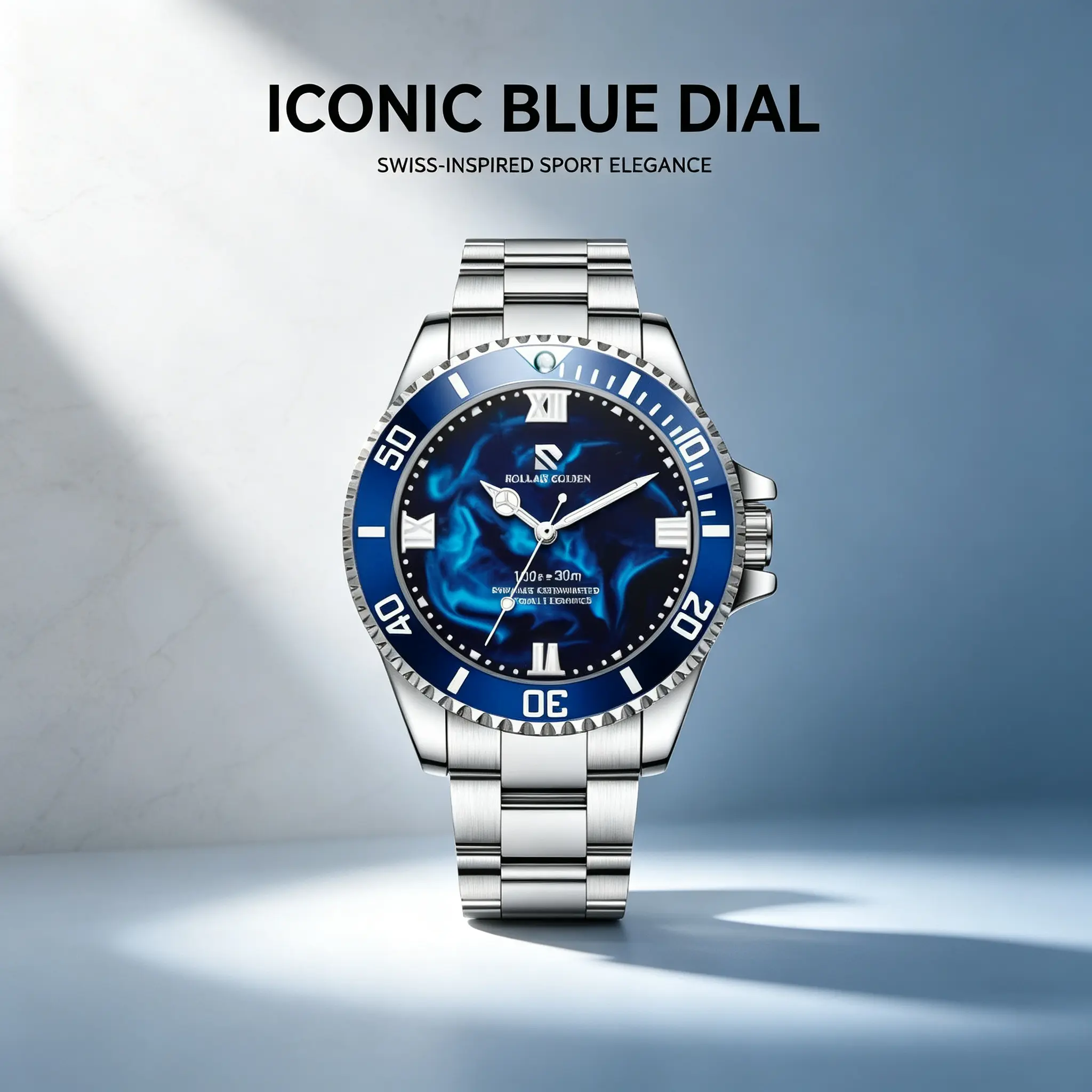 Men's Fashionable Stylish Automatic Mechanical Wristwatch, Ocean Swirl Blue Dial with Roman Markers, Rotating Blue Bezel, Stainless Steel Bracelet, 30M Daily Waterproof Luminous Hands Business Casual Diving Inspired Self-Winding Watch for Gentlemen
