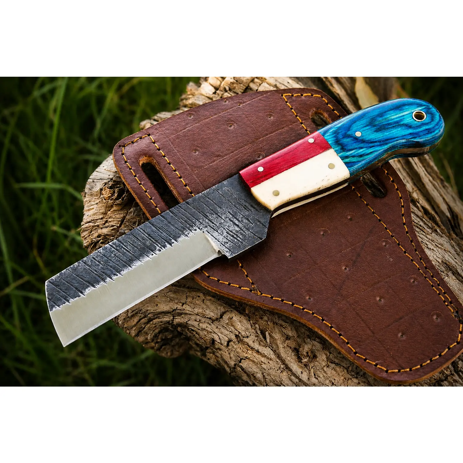 Hand Forged Fixed Blade Knives with Buffalo Bone-wood Handle, Handmade Camping Knife with Leather Sheath for Outdoor Hiking