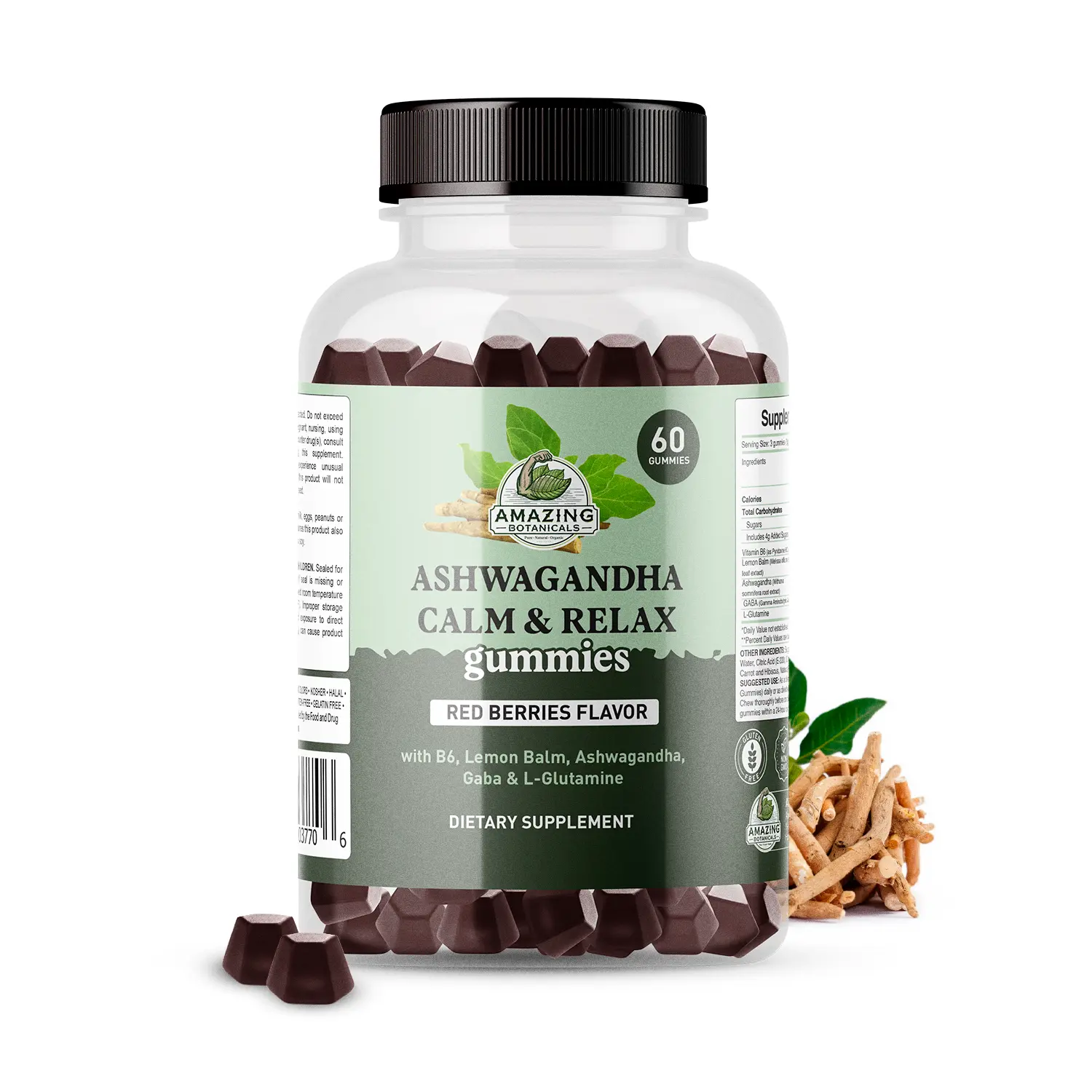 Amazing Botanicals Organic Ashwagandha Dietary Soft Gummies - Red Berries Flavor, Vitamin B6, Lemon Balm, GABA, L-Glutamine, Stress Relief, Sleep Support, Vegan, Gluten-Free, Non-GMO