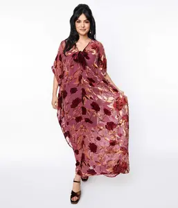 Unique Vintage Sheer Red Rose Velvet Burnout Bow Front Caftan