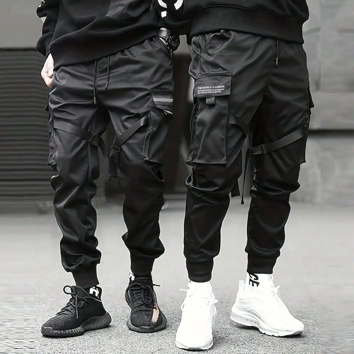 Men's Long Polyester Fabric Colorblock Cargo Jogger Pants - Mid Waist Drawstring, Multi-Pocket, Casual Street Wear Fashion Apparel, Multi-Pockets, All Seasons, Sneakers, Loose, Deep Pocket Men's Pants