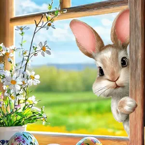 Easter Peeping Bunny Window Sticker, Removable Static Cling Decal for Bedroom Living Room Kitchen Glass Door Decor, Spring Cottage Theme