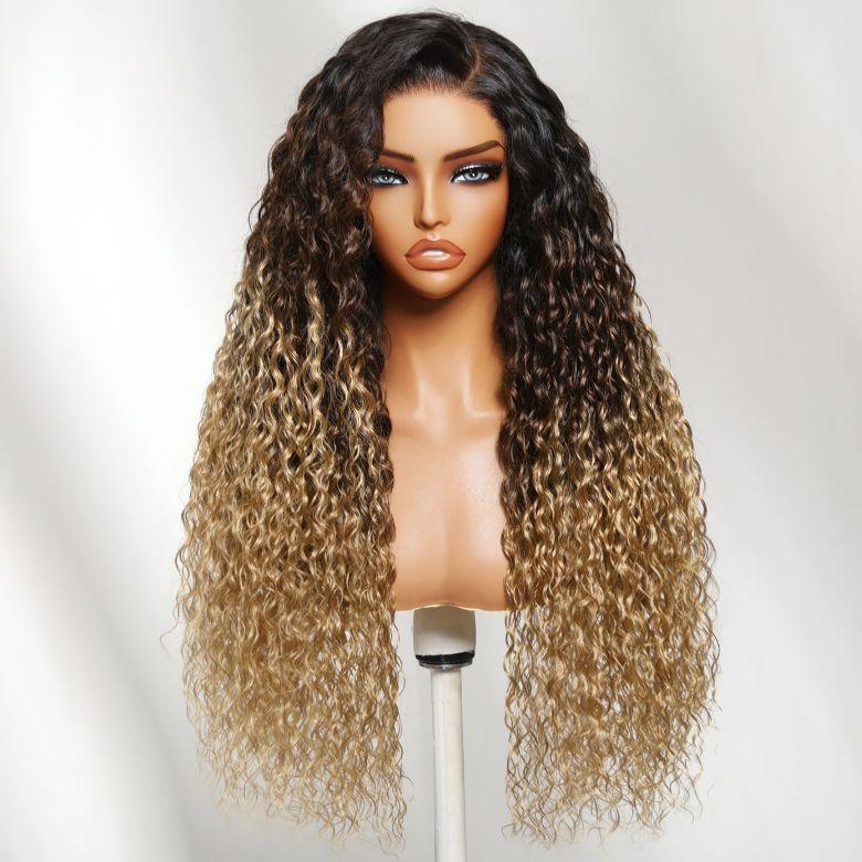 【LIVE NEW IN】Nadula 20'' Three-Tone Ombre Natural Black to Brown to Blonde Water Wave Wig 7x5 Lace Closure Human Hair Wigs with Drawstring Narural Hairline Beginners Friendly Put On and Go