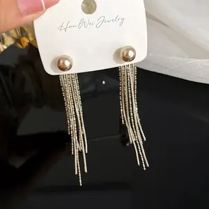 Champagne Pearl Tassel Earrings, Double-Wear Front and Back Removable, Elegant Versatile Long Chain Earrings DZEH4913