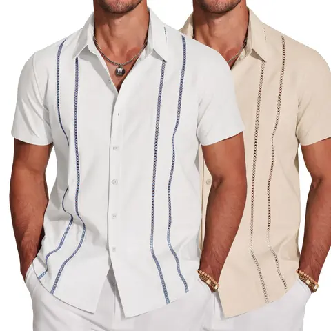 COOFANDY Men's Cuban Guayabera Shirt Short Sleeve V-Neck Button Down Casual Summer Beach Linen Top Fitted Breathable Soft Fabric