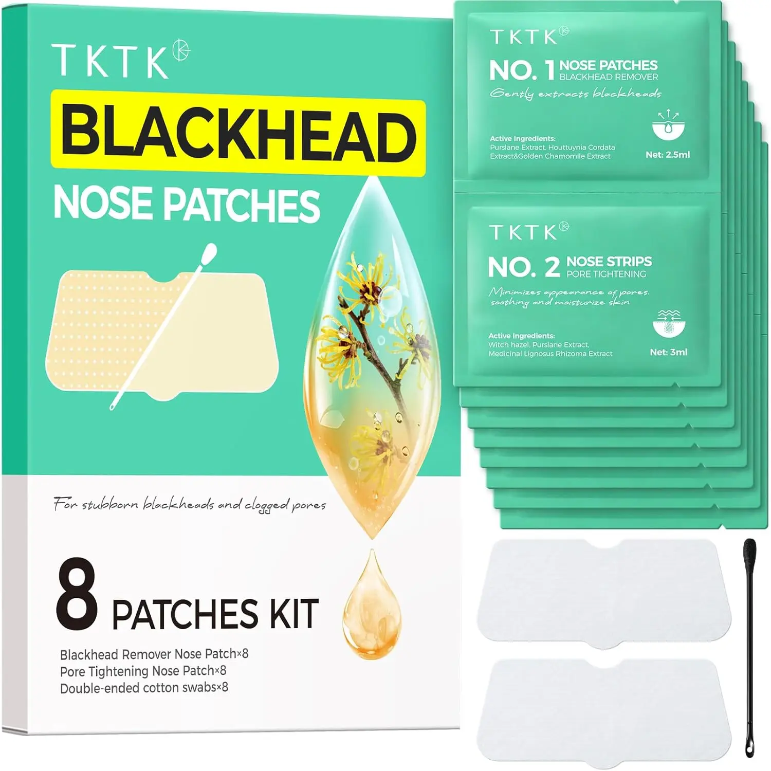 TKTK Blackhead Nose Patches, Gentle 3-Step Nose Strips, Painless Melting Blackhead Remover and Whitehead Pore Strips, Deep Pore Cleansing for All Skin Types (8 Pcs)
