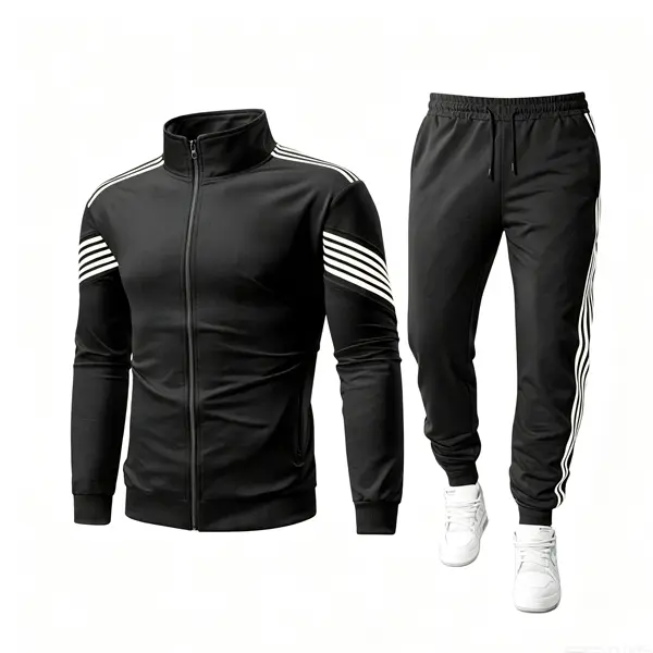 Men’s 2-Piece Striped Athletic Tracksuit Set - Full-Zip Stand Collar Long-Sleeve Jacket, Elastic Drawstring Long-Pants Joggers - Lightweight Casual Unisex Universal Sport Fitness Running Outfit, Full-Zip Jacket, Two-Pieces