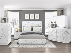 Homelegance 2455-4PC Queen Bedroom Set, Wood Paneled LED Headboard, Modern Geometric Design, White Finish, with Nightstand, Dresser & Mirror - Bedroom Decor, Bed Frames for Queen