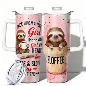 1pc, 40oz/30oz/20oz/14oz Stainless Steel Cup Coffee and Sloth Lover Double Wall Vacuum Insulated Cup, Leakproof Lid & Carry Handle Travel Mug Tumbler for Outdoor Camping Hiking, Gift for Dad, Mom, Bro