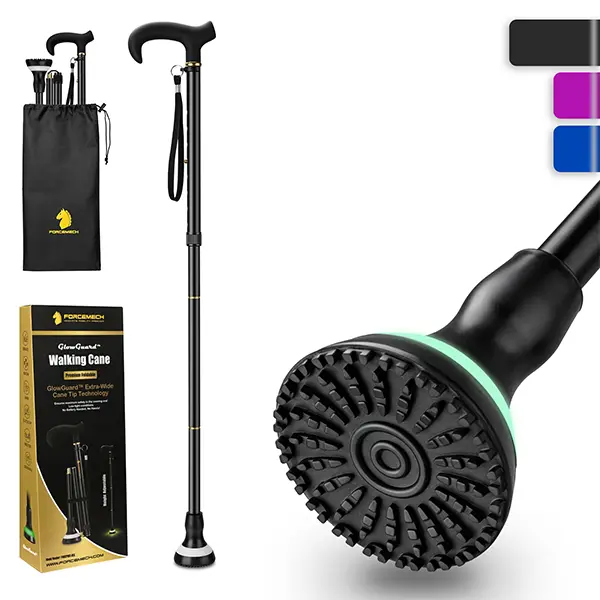 FORCEMECH GlowGuard Walking Cane for Adults, Foldable Adjustable Cane with 2.68 in Extra-Wide Glow Tip, 8 Height Settings, 350 lb Capacity
