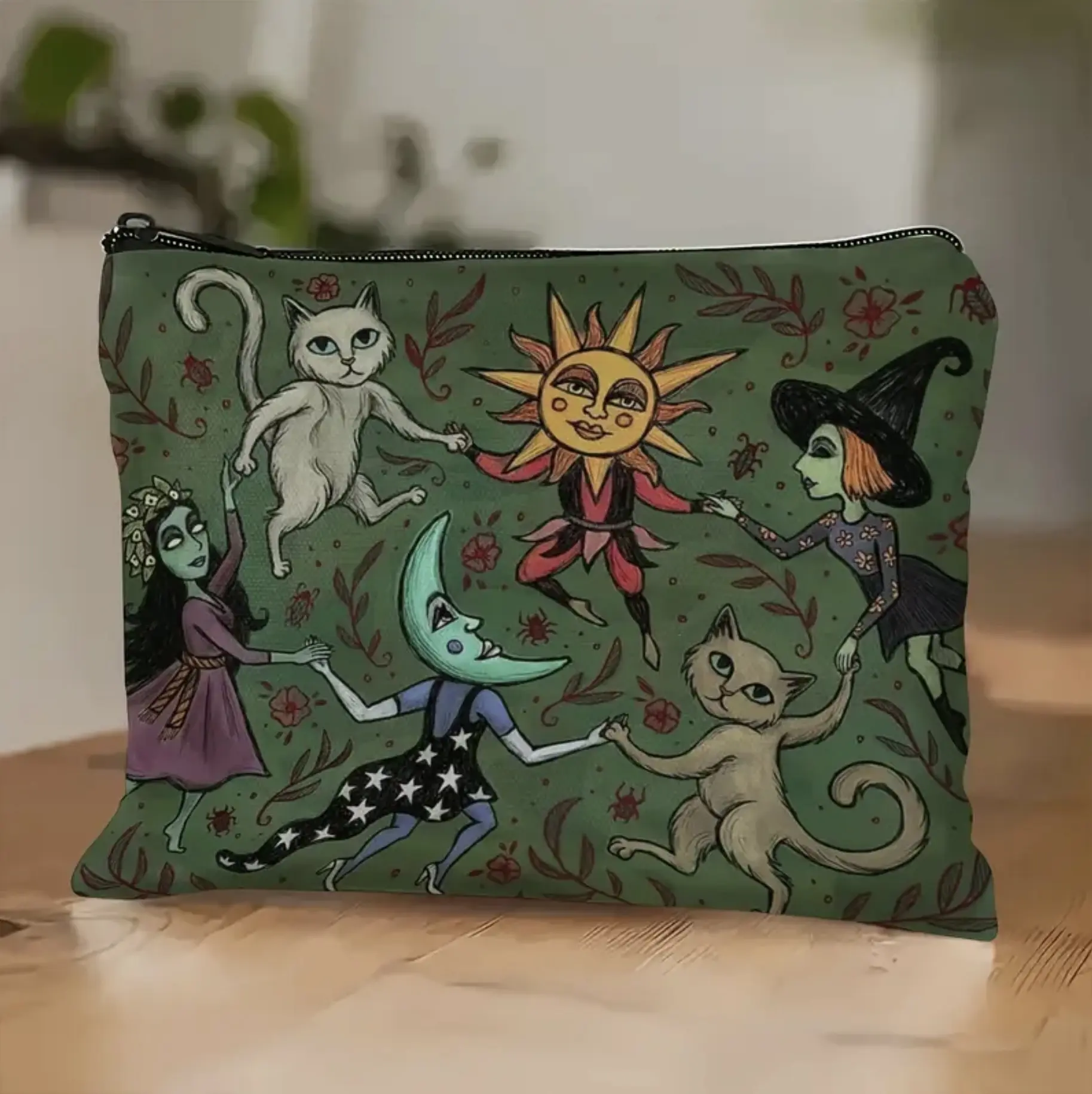 Enchanted Night Travel Makeup Bag with Magical Sun Moon Cat & Witch Design Green Background