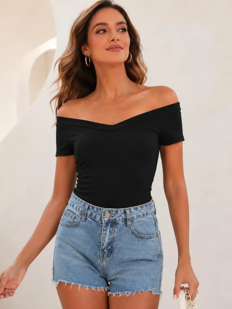 Women’s Off Shoulder V Neck Top, Slim Fit Short Sleeve Shirt, Fitted Y2K Going Out Top, Elegant Casual Basic Tee for Summer, Party, Date Night and Daily Wear