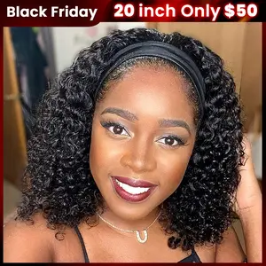 Bling Hair Headband Wig Human Hair Deep Wave Kinky Curly None Lace Front Wig Human Hair Machine Made Wigs 180% Density Headband Curly Human Hair Wigs for Women Natural Color TikTokShopBlackFriday