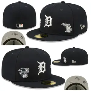 New Era Detroit Tigers Black Fitted Baseball Cap 59FIFTY  with White Old English D Logo 1901 Michigan Side Patch Flat Brim MLB Hat for Men Women Streetwear Style