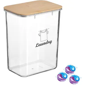 Laundry Pods Container, Plastic Laundry Containers with Wooden Lid, Laundry Pod Holder Laundry Powder Storage for Laundry Room Decor, Clear Storage Bins for Laundry Beads Pods Powder - Clear