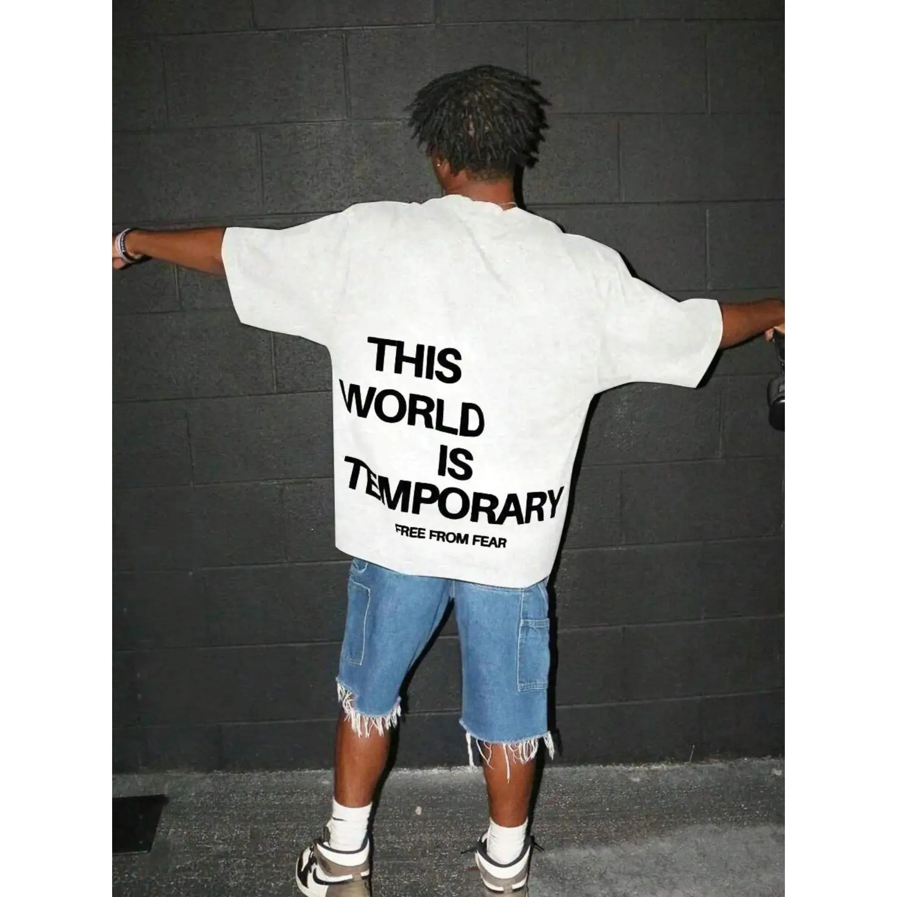 This World Is Temporary Free From Fear Back Print Graphic T-Shirt Minimal Street White Oversized Short Sleeve Tee 100% Cotton Unisex