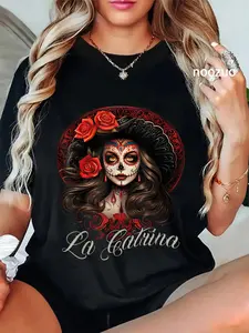 Women's 100% Cotton Oversized La Catrina T-Shirt - Unisex Streetwear Apparel, Stylish Fabric, Everyday Casual Top, Day of the Dead Costume