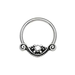 Stainless Steel Ornate Design Snap-in Captive Bead Ring / Septum Ring