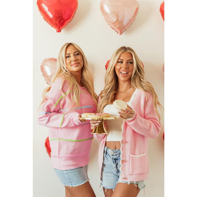 Pink Rainbow Stripes Drop Shoulder Baggy Henley Sweater