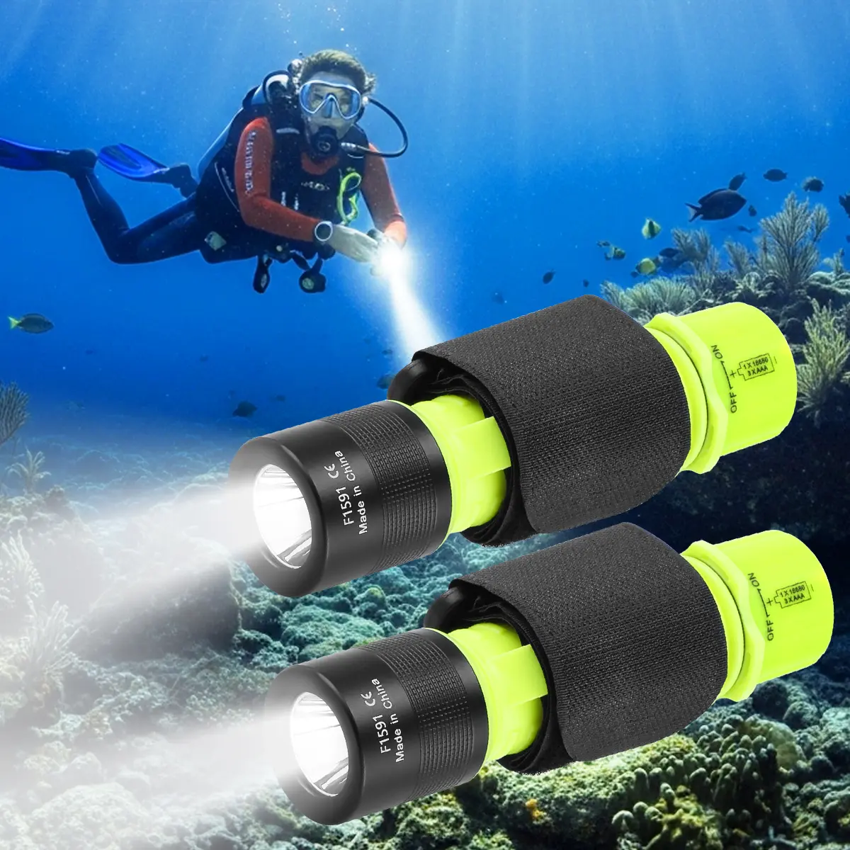 2-Pack Super Bright 1500 Lumens Scuba Diving Flashlight - 3 Modes, IPX8 Waterproof, Aluminum&ABS, Compact Pocket-Size Underwater Dive Light with Long-Lasting Battery for Snorkeling, Caving, Emergency
