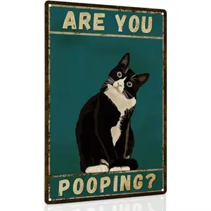 Bathroom Sign Tuxedo Cat Wall Decor Funny Metal Sign 8x12 Inch - Are You Pooping - Wall of Glory Decor Black Cat Sign
