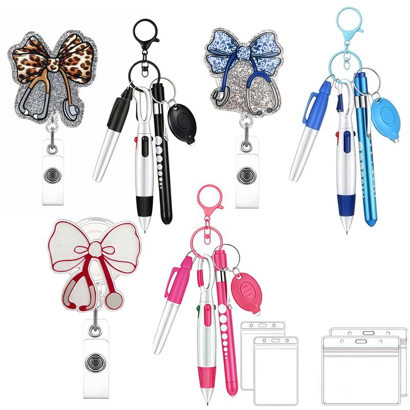 Sparkle Stethoscope Bow Badge Clip Set, Includes Fluorescent Pen & Multicolor Ballpoint Pens, Transparent Card Case, Retractable Keychain Design, Nurse Badge Reel