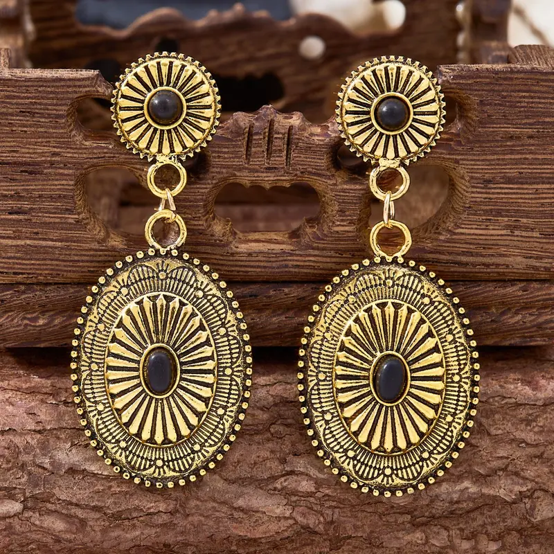 Vintage Western Inspired Stylish Jewelry Cowboy Style Totem Design Carved Geometric Shape Ethnic for Women, High-Quality Versatile Bohemian Turquoise Jewelry, Boho Style Jewelry
