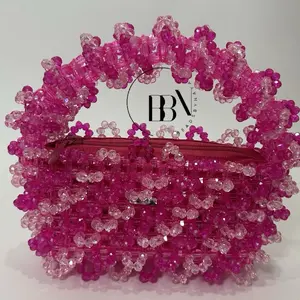 Arianna Handmade Beaded Bag for Outing and Evening - Pink and Clear Beads, Zipper Closure, Perfect for Evening Events