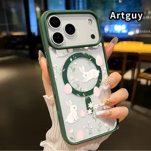 Magnetic Phone Case Supports Wireless Charging for iPhone 17 16  Pro Max Plus 15 14 13 12 11 Air E Bunny Floral Easter Pattern Non-Yellowing Shockproof Soft Silicone Transparent Acrylic Cover