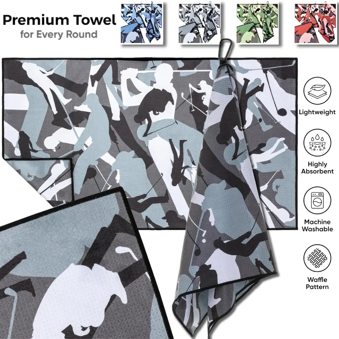 Funny Golf Towel for Men - Camo Microfiber Waffle Weave Golf Bag Towel with Carabiner Clip - Quick Dry Absorbent Club Cleaner - Cool Golf Gifts for Dad, Husband & Golfers (34x20)